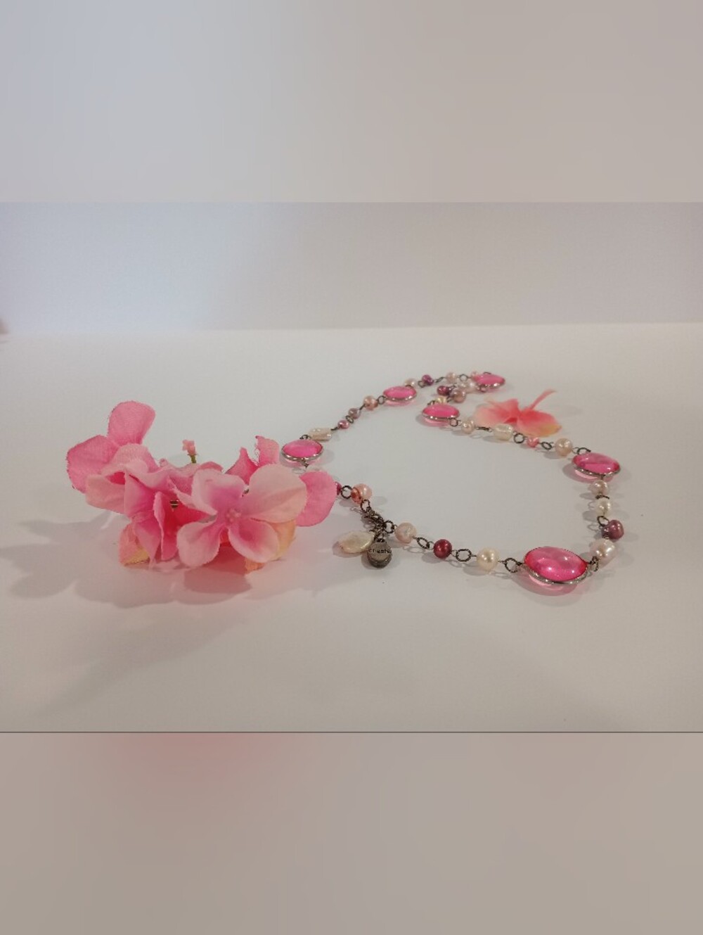 Pink Beaded Necklace with Mixed Pearls, Charms